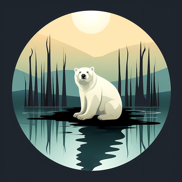 Oso polar sentado en el agua con árboles al fondo IA generativa