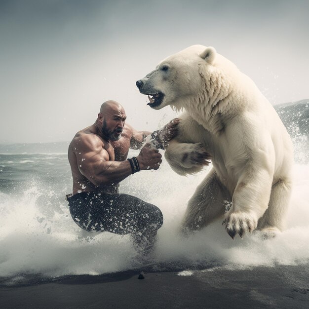 Foto un oso polar está siendo salpicado por un hombre en el agua