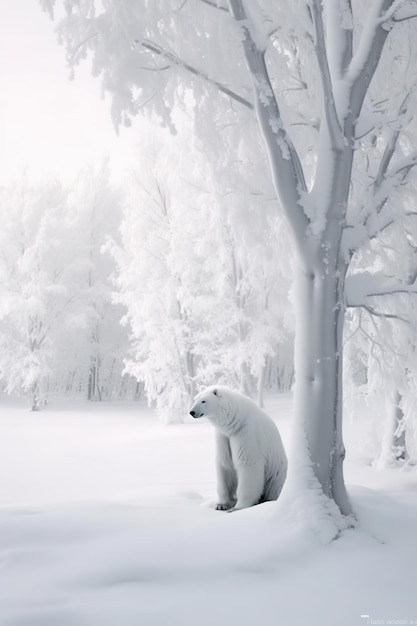 Un oso polar se sienta en un bosque nevado.