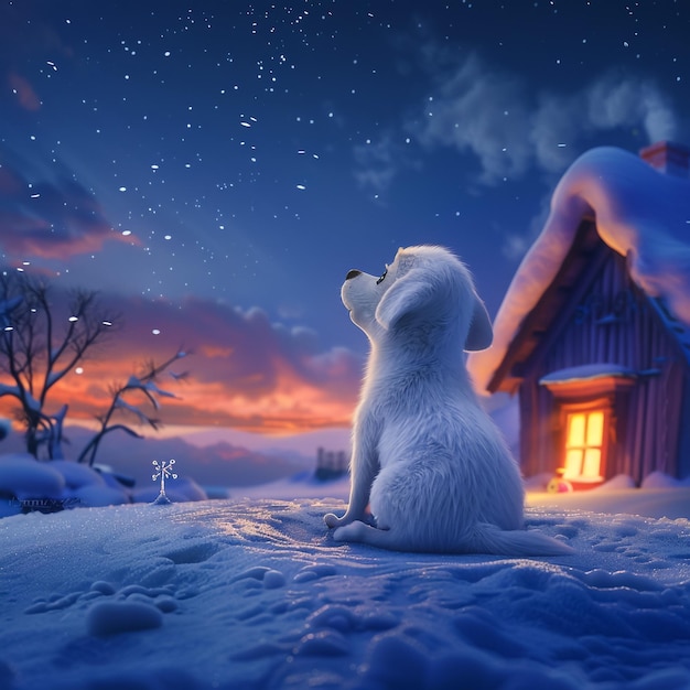 un oso polar se sienta en la nieve con un hombre de nieve en el fondo