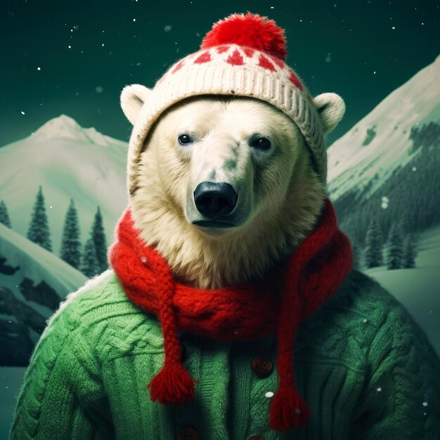 Foto oso polar con sombrero rojo y suéter de punto verde sobre el fondo de las montañas