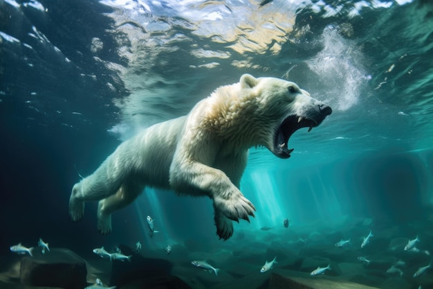 Oso polar se sumerge en agua helada después de un pez creado con IA generativa