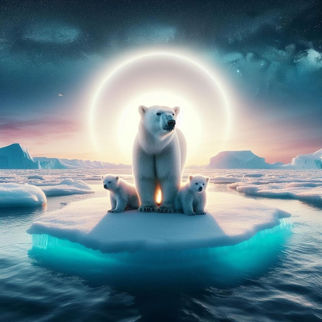 Un oso polar y sus cachorros en el borde de un hielo flotante con el sol ártico en el horizonte