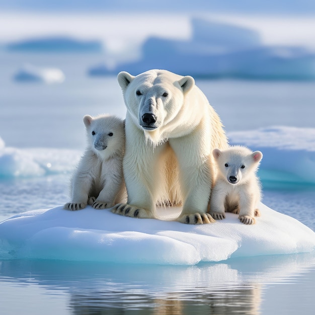 un oso polar y sus cachorros están en un banco de hielo.