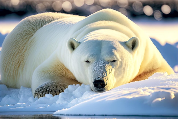 Oso polar tirado en la nieve calentamiento global del clima ártico