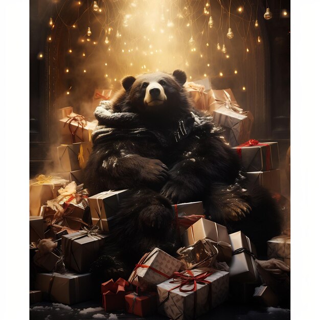 un oso que está sentado en medio de algunos regalos