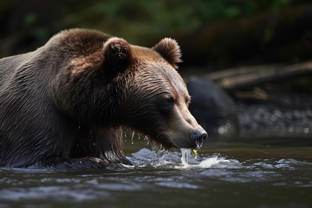 Un oso en un río con agua goteando de su pelaje.