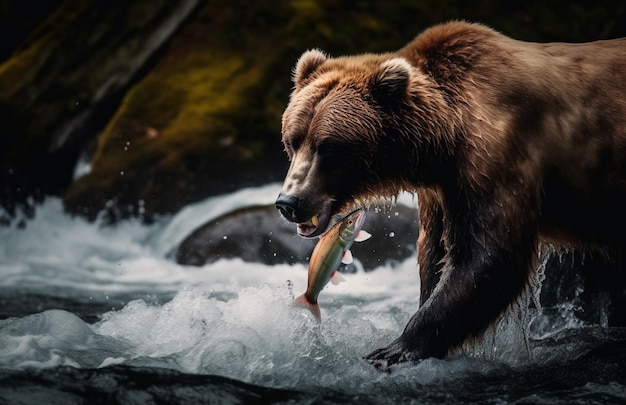 Un oso en un río con un pez en la boca