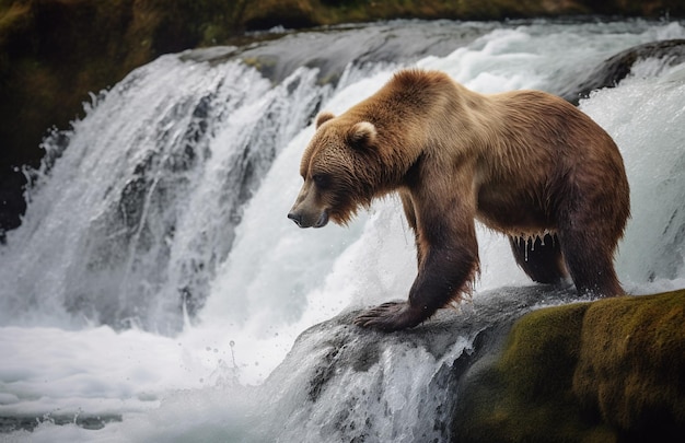 Un oso se para en una roca frente a una cascada.