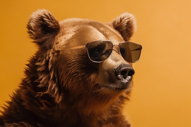 Oso salvaje en tonos Primer plano retrato de un oso moderno y moderno con gafas de sol en el bosque Perfecto para el verano y diseños temáticos al aire libre AI Generative