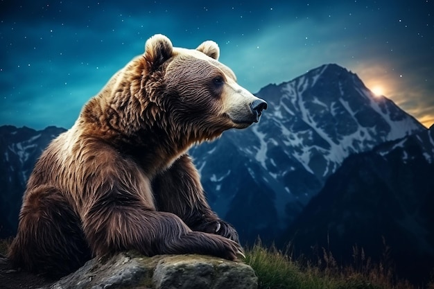 Foto un oso está sentado en la cima de una montaña