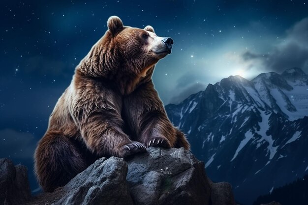 Foto un oso está sentado en la cima de una montaña