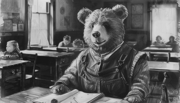 Foto un oso está sentado en un escritorio y tiene un libro en la mano