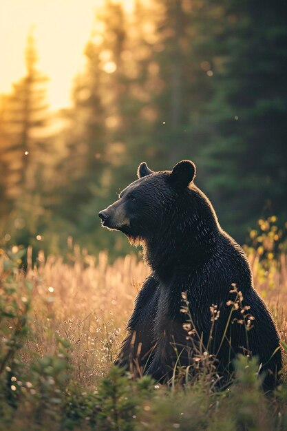 Foto oso sentado en medio de la hierba alta con un bosque en el fondo iluminado por el brillo de la luz del sol