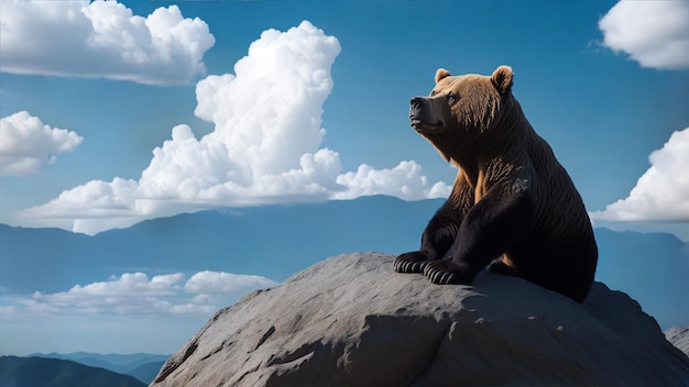 Oso sentado sobre una roca contra el cielo