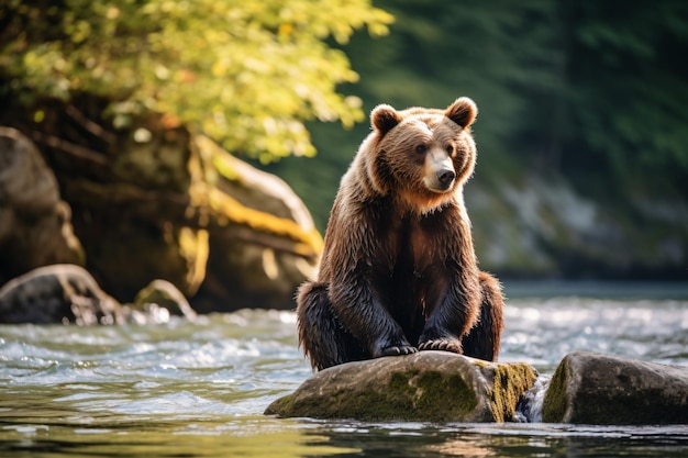 un oso sentado sobre una roca en un río