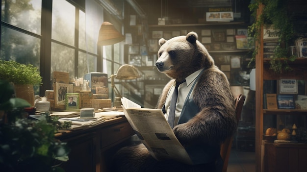 un oso se sienta con confianza en un pequeño escritorio meticulosamente elaborado. Vestido impecablemente con un traje a medida. Sus patas sostienen delicadamente un periódico que lee con aire de seriedad.