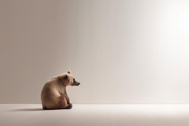 Un oso se sienta en una habitación con una luz en la pared.