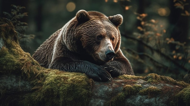 Un oso se sienta en una roca cubierta de musgo en un bosque.