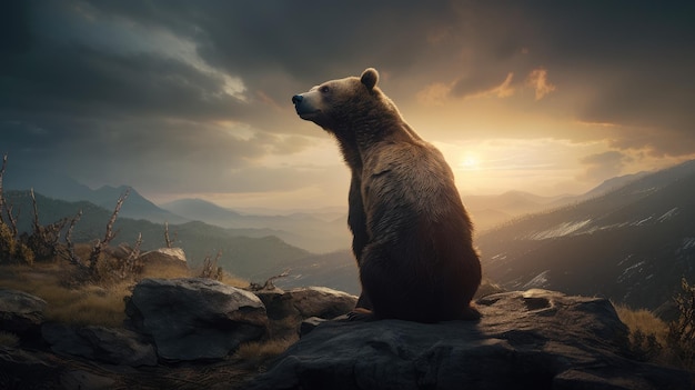 Un oso se sienta en una roca frente a una puesta de sol.