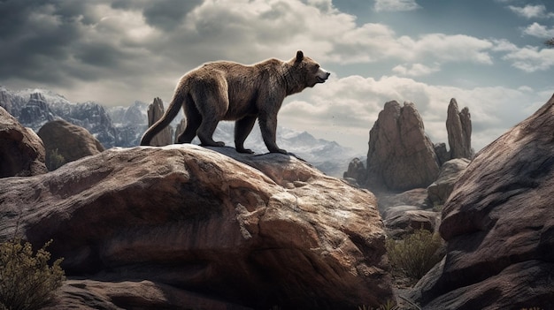 Un oso se para sobre una roca frente a una montaña.