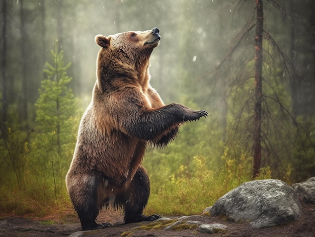 Un oso se para sobre sus patas traseras en un bosque.