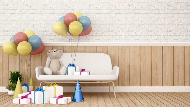 Oso en el sofá con globo y regalo en la habitación de los niños - Representación 3D