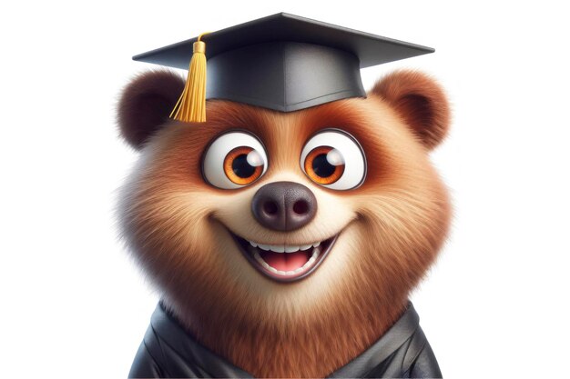 Foto oso sonriente con un pequeño sombrero de graduado sorprendido con ojos enormes tiro de ángulo ancho ai generativo