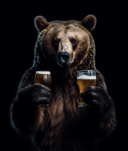 Un oso sosteniendo dos vasos de cerveza con la palabra oso.