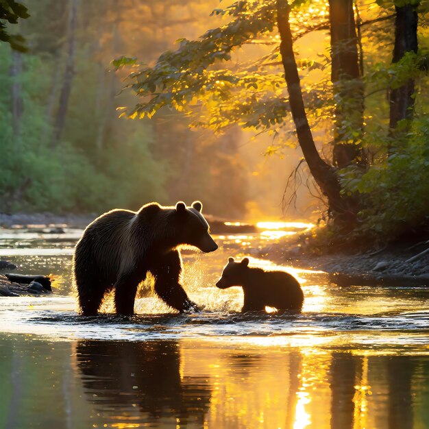 Un oso y su cachorro están nadando en el agua Vista de oso salvaje caminando en el bosque.