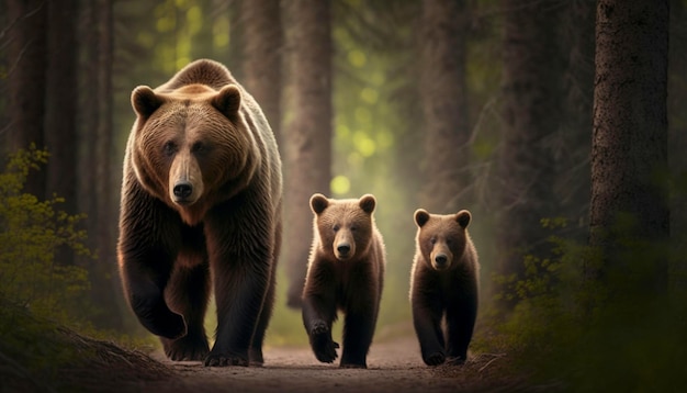 Oso con sus cachorros rumbo al bosque Generativo Ai