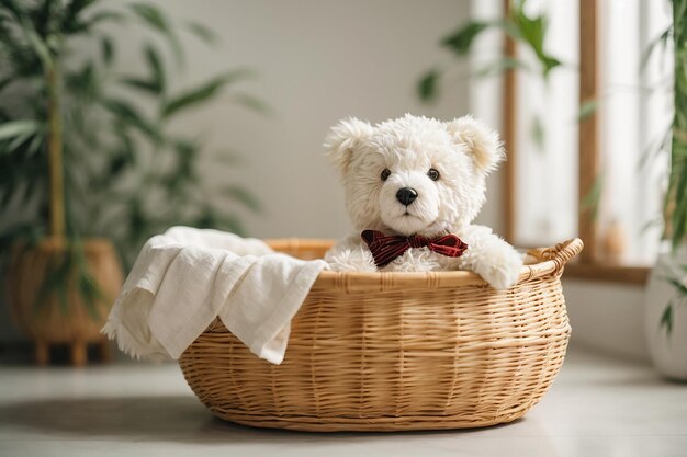 Un oso tady en un cubo de bambú pared blanca en el fondo y algunas flores