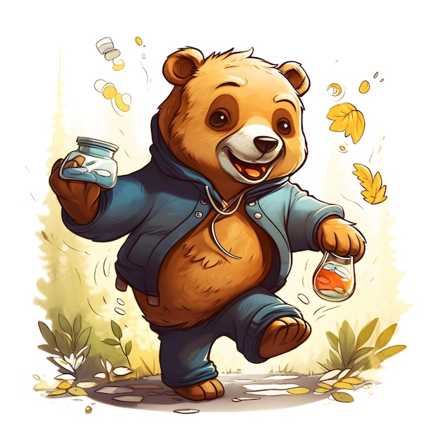 Un oso con un tarro de miel en la mano.