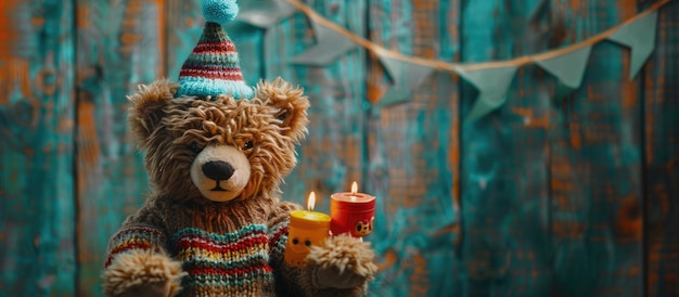 Foto un oso tejido con dos velas encendidas