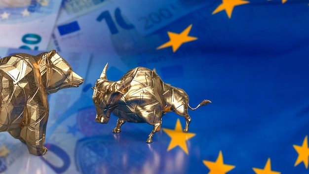 El oso toro de oro en la bandera del euro para la representación 3d del concepto de negocio