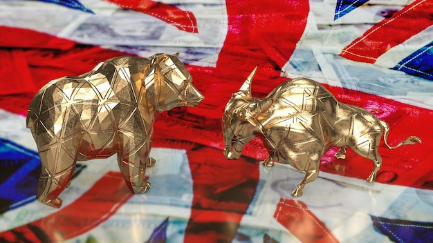 El oso toro de oro en la bandera del Reino Unido para la representación 3d del concepto de negocio