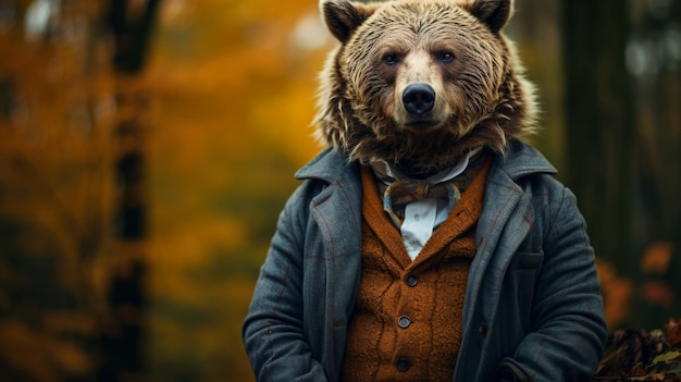 Un oso con un traje y corbata está en un bosque