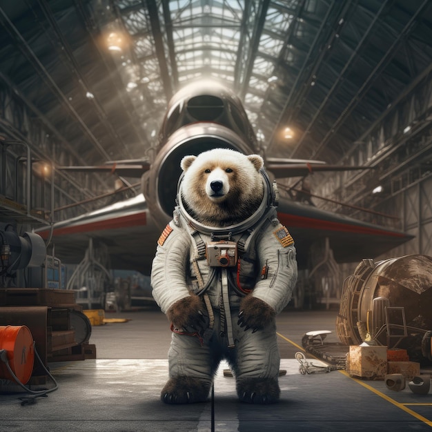 un oso con traje espacial se encuentra frente a un avión.
