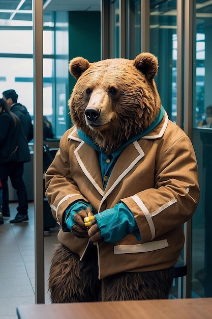 Oso en traje fumando en el banco