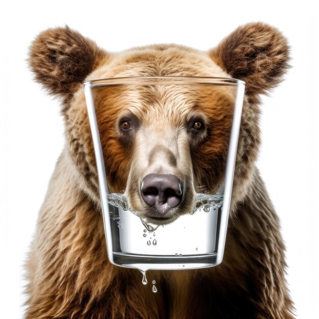 un oso con un vaso de agua en la boca.