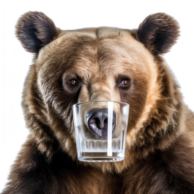 un oso con un vaso de agua en la boca.