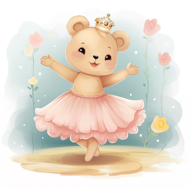 El oso en el vestido baila con una corona en la cabeza