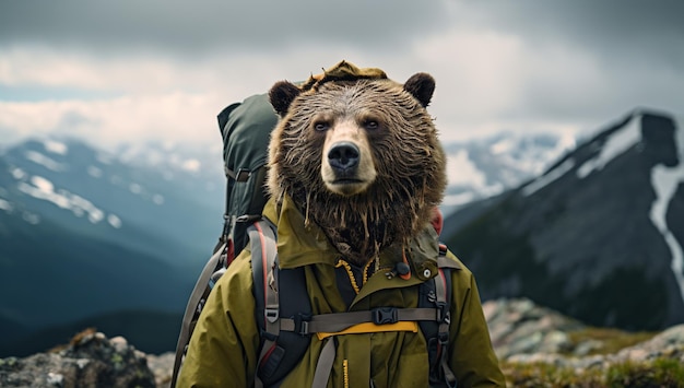 Un oso viajero con una mochila de pie en un pico de montaña con vistas a un bosque