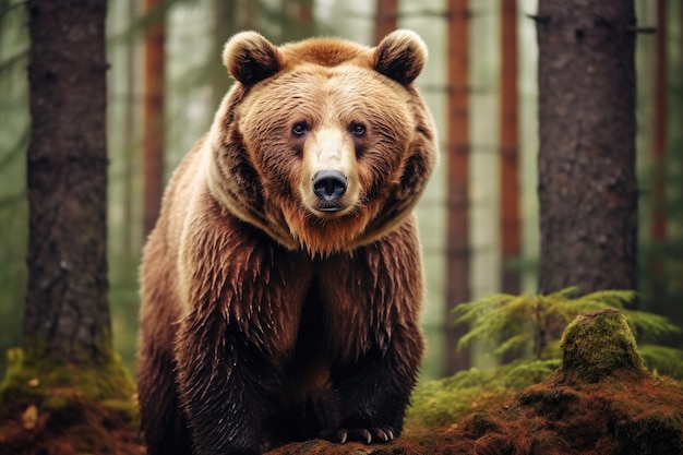 Osos marrones en el bosque Escena salvaje de la naturaleza Animal en el bosque Un oso marrón en el bosque representado en una vista en primer plano de un animal salvaje AI generado