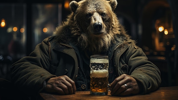 Foto osos marrones con un vaso de cerveza en una mesa en un pub