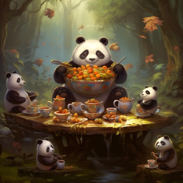 Osos panda comiendo fruta en un bosque con una cascada generativa ai