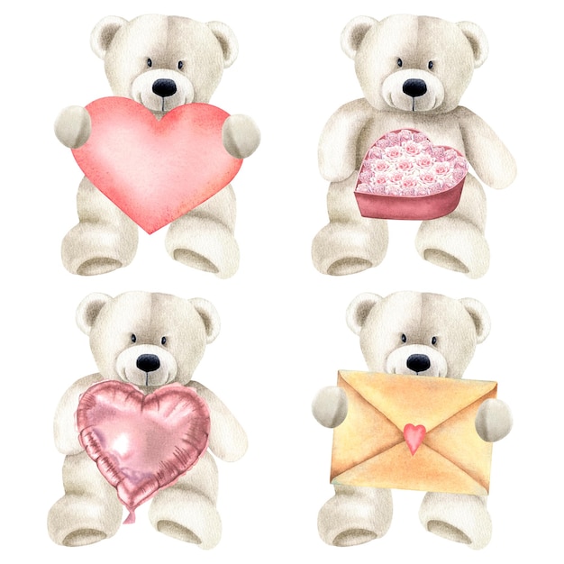 Osos de peluche blancos con papel rojo sobre de corazón forma de corazón globo y caja de regalo de rosas Ilustración de acuarela dibujada a mano de juguetes de felpa bonitos en un fondo aislado para la tarjeta del Día de San Valentín