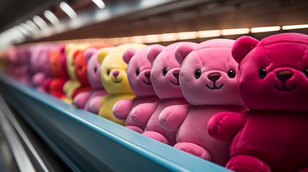 Osos de peluche coloridos alineados en una fila en una cinta transportadora