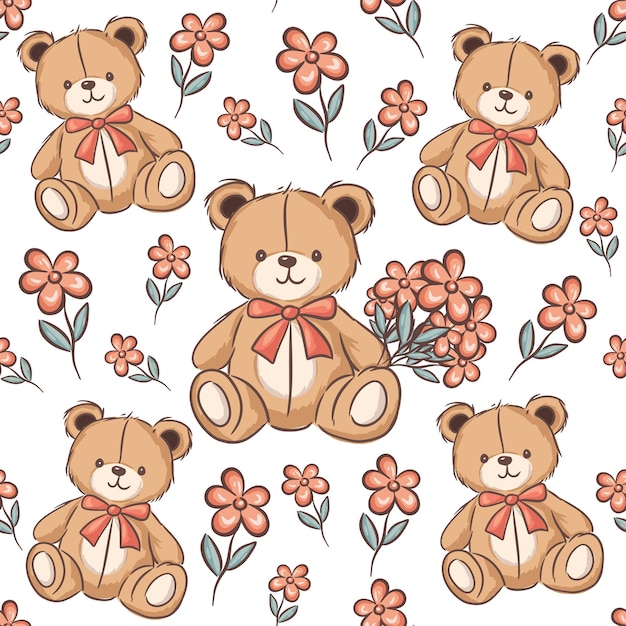 Osos de peluche con flores en niños con patrón sin costuras sobre fondo blanco
