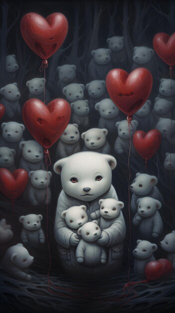 Foto osos de peluche con globos de corazón rojo celebraciones del día de san valentín papel de pared fondo ia generativa